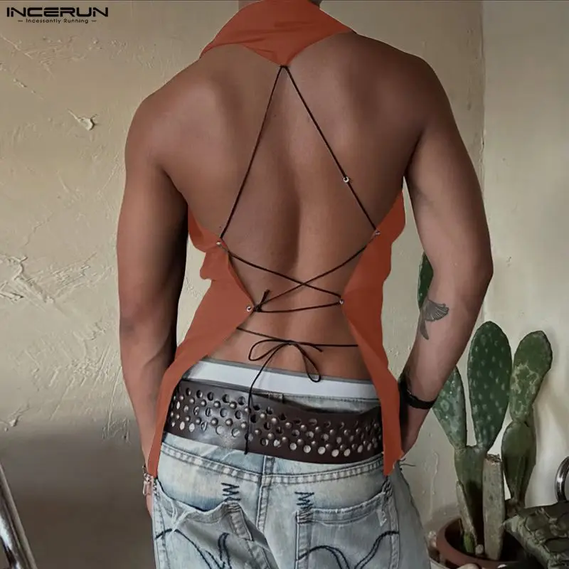 INCERUN Men Tank Tops Solid Color Sleeveless Backless Lace Up Male Vests Summer Tops Sexy 2026 Streetwear Fashion Men Clothing