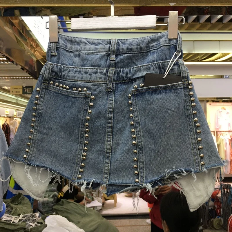 Fake Two Piece Heavy Work Beaded Loose Shorts 2023 Summer Punk Dark Academia Pants Rivets Vintage Sexy High Waist Denim Shorts