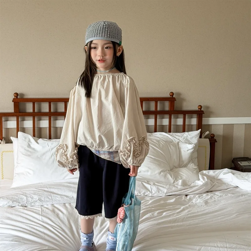 Girls' Shirt 2026 Spring New Collection: Girls' Bubble Sleeve Shirt with Ruffle Solid Color Top, Children's Casual Loose Shirt