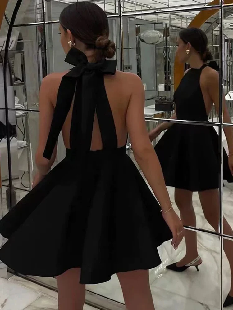 

Retro sexy black round neck sleeveless neck dress spring and summer women's new halter bow ladies A-short skirt