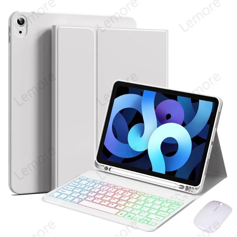 

Чехол для планшета с клавиатурой с радужной подсветкой для iPad Air 5-го и 4-го поколения, 10.9 дюймов, с отсеком для стилуса и подставкой