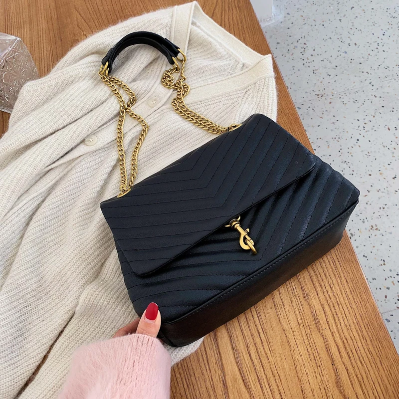 Solid Color PU Crossbody Bag 2023 New Ladies Exquisite Lock Spacing Layered Chain Shoulder Bags Elegant Luxury Classic Handbag