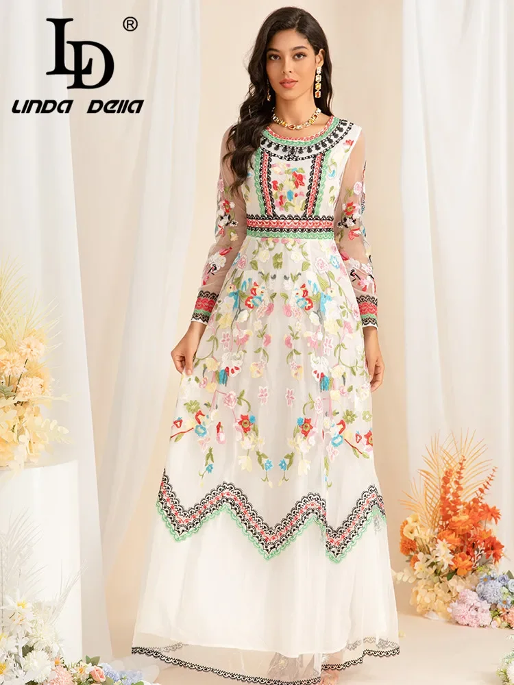 LD LINDA DELLA High Quality New Chic Minority Style Small Floral Embroidery Travel Loose Fit Colorful Ladies'  Long Dressdress