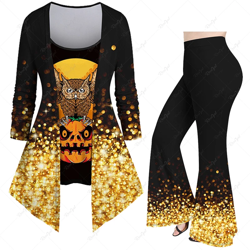 Plus Size Halloween Women's Heart Bat Pumpkin Owl Skeleton Sparkling Sequin 3D Print T-shirt Or Flare Pant Casual Matching Set