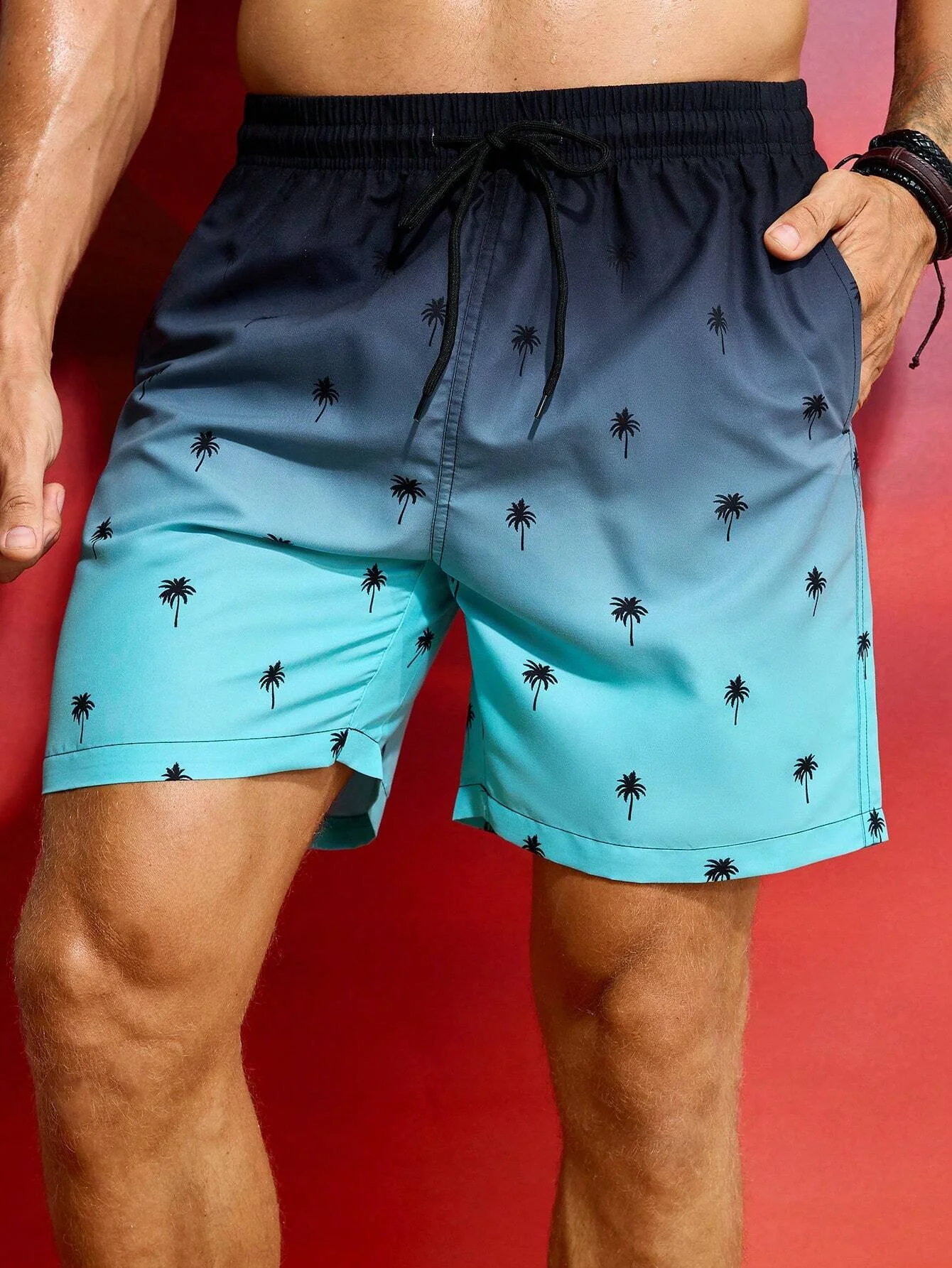 Summer Men's Beach Short Coconut Tree Drawstring Men's swim Trunks Elastic Waist 3D Print Gradient Breathable Short Streetwear