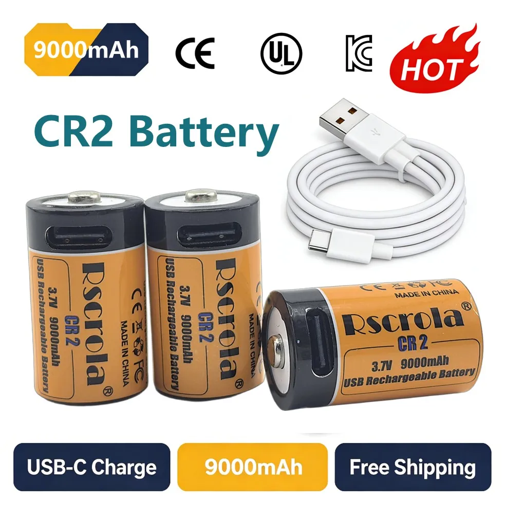

Аккумулятор CR2 3.7V, литиевые батареи CR2 9000 мАч с зарядкой через кабели Type-C, перезаряжаемая батарея для дальномера и камеры