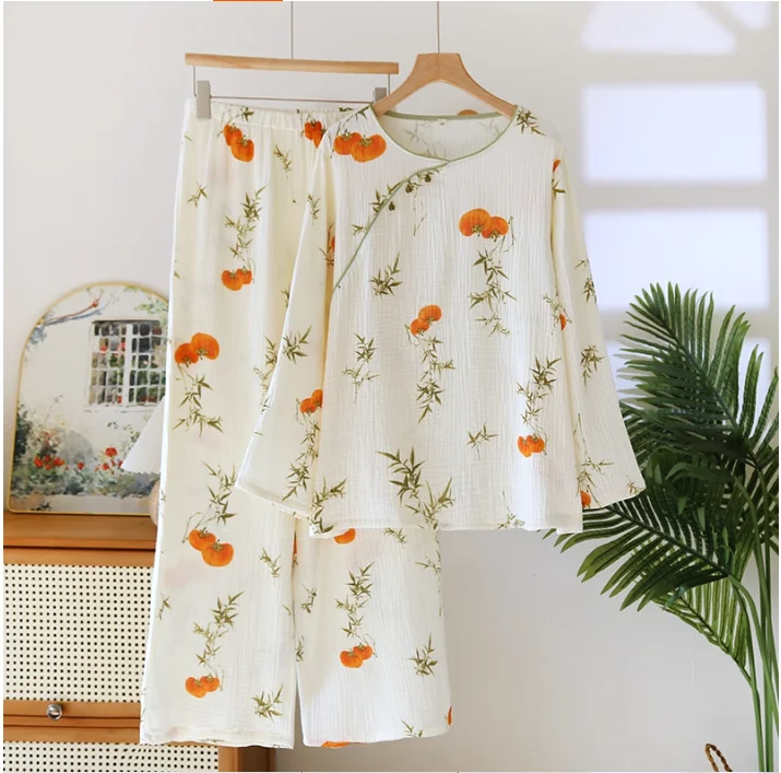 

Женский комплект одежды для сна с длинными рукавами из чистого хлопка с пряжкой в китайском стиле, домашняя одежда