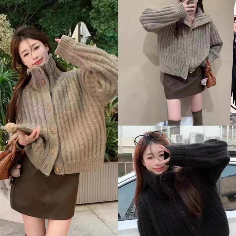 

New Cow Horn Button Sweater Jacket for Women Soft and Thick Stand Up Collar Loose Long Sleeved Knitted Top 115