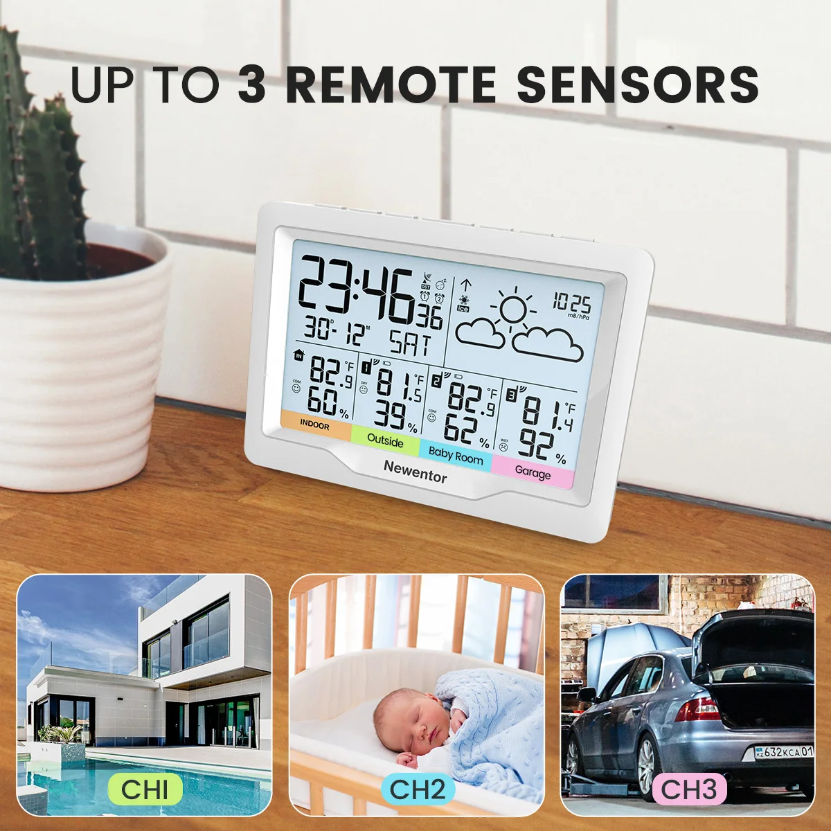 Weather Station Indoor/Outdoor Wireless Sensors Digital Thermometer Hygrometer LED LCD Display Thermometer With 3 Remote Sensors