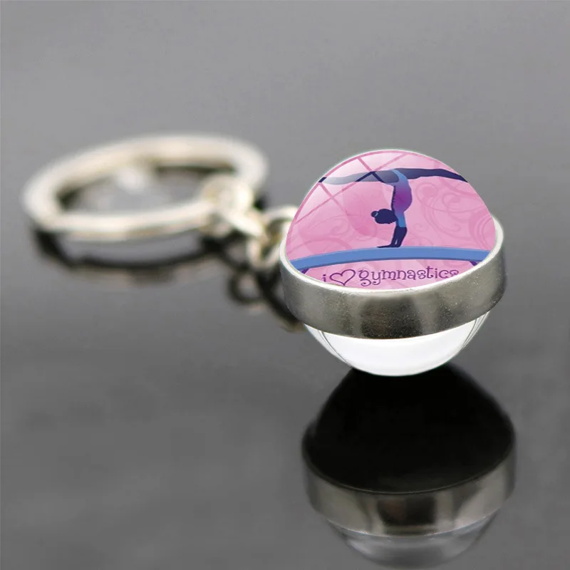 New Artistic Gymnastics Double sided Glass Ball Keychain Crystal Gymnastics Commemorative Gift Pendant Women Keyring Wholesale
