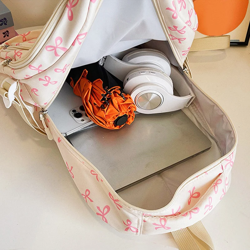 3Pcs/set Bow Print Backpack with Crossbody Bag and Small Purse Bow Student Bookbag Simple Backpack for Elementary Middle Kids