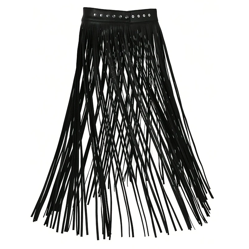 Saia longa estilo gótico com borla, meia saia para mulheres, cinto ajustável, saia de couro pu, adequada para festas noturnas, praias