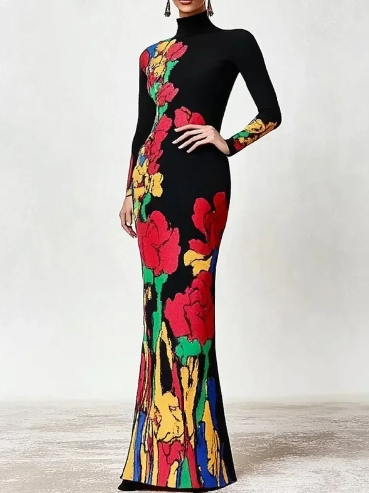 Lemongor 2025 New Women's High Neck X-shape Party Prom Dress Long Sleeves Fashion Multi-Colored Floral Printed Evening Dresses