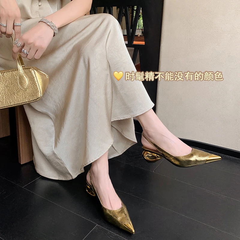 2026 new summer women sandals natural leather 22-25cm cowhide+sheepskin pointed toe back-strap high heel women shoes fashion