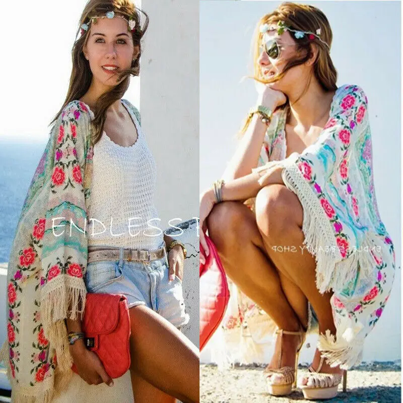 Women Bikini Bohemian Cover Up Floral Printed Bat Sleeve Cardigan Bikini Cover Up Tassel Hem Loose Smock For Swimming Suits S-XL