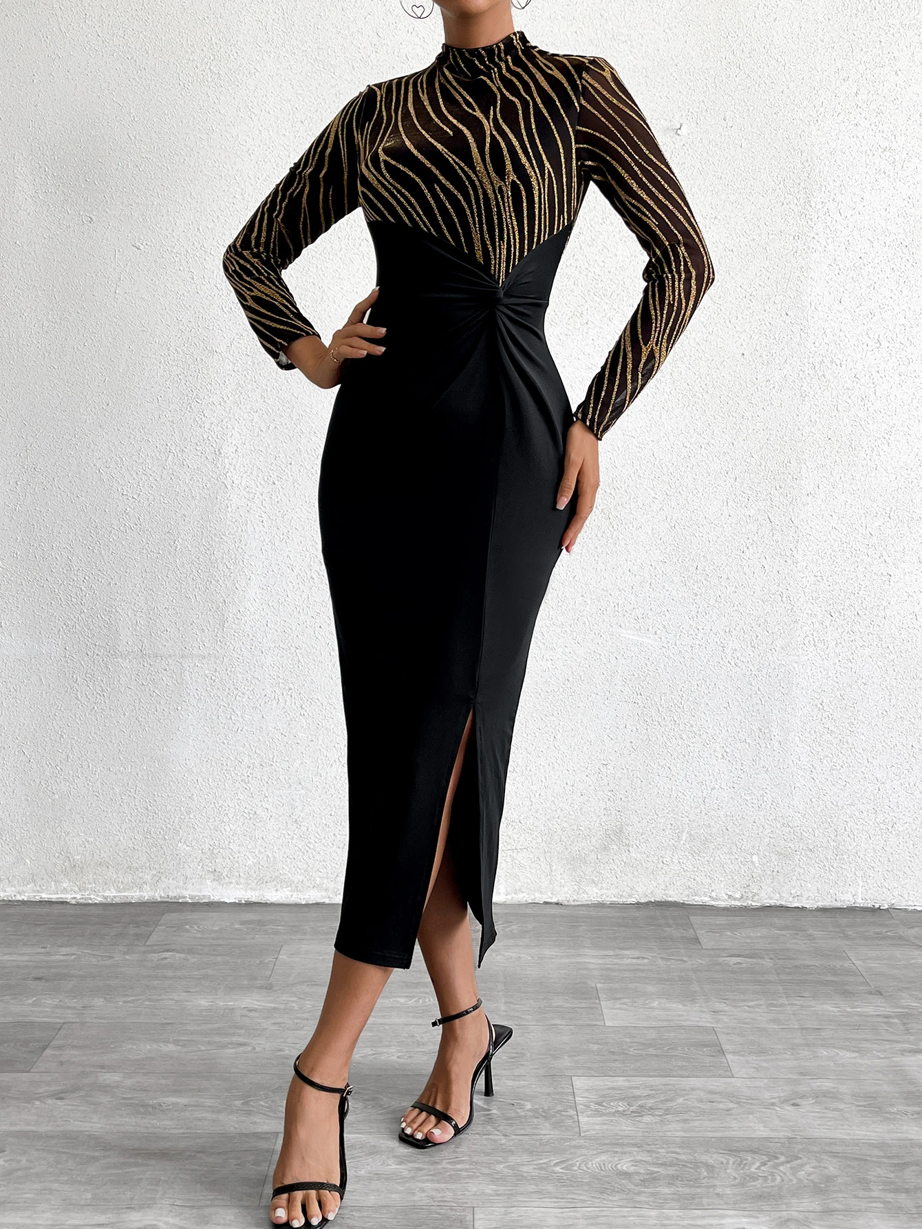 

Women's Stripe Pattern Dress Small High Neck Front Waist Twisted Spliced Slim Fit Dress Elegant Dinner Dresses Party Clothing