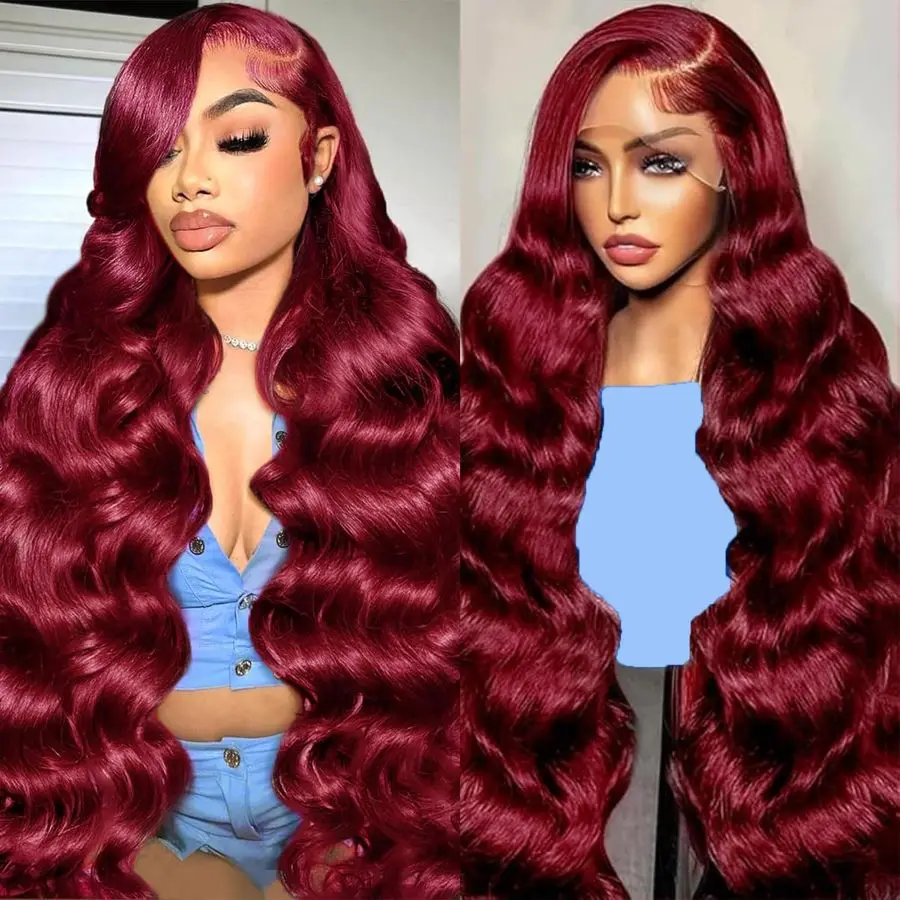 Wig Rambut Asli Burgundy 200 Density 99J Wig Rambut Asli Burgundy Lace Front 13x6 HD Lace Front Wig Merah Anggur Model Body Wave Lace