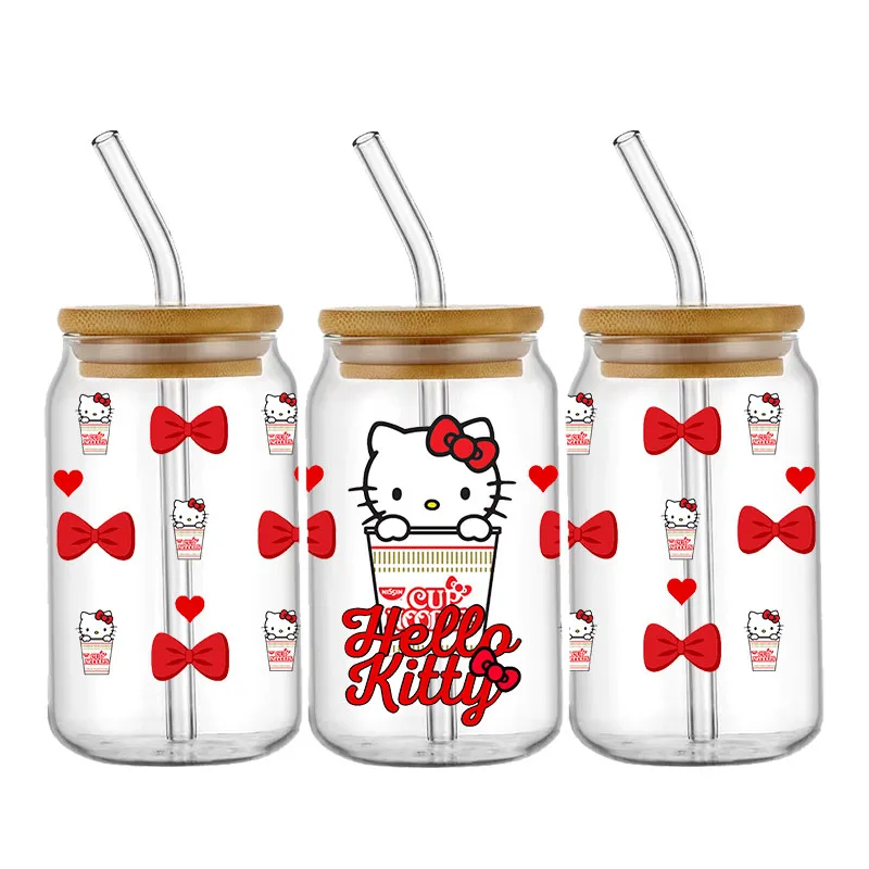 Miniso Hello Kitty Melody Kuromi 16OZ UV DTF Cup Wraps Naklejka transferowa do szklanej puszki Libbey Butelka Zmywalna DIY Niestandardowe