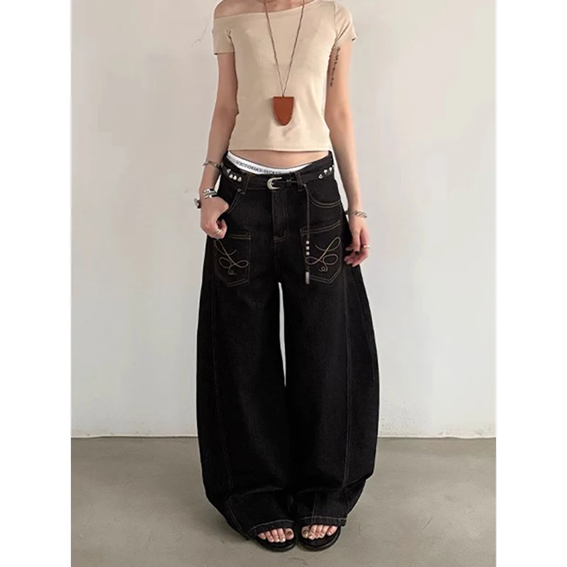 

Женские винтажные черные готические мешковатые джинсы Y2k Harajuku, эстетические японские джинсовые брюки 2000-х 90-х годов, уличная одежда, брюки с вышивкой