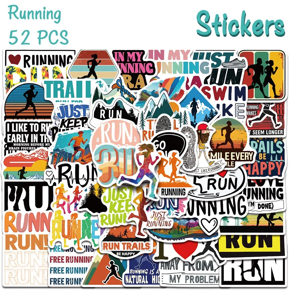 52pcs Retro Running Stickers Aesthetic Trail Run & Marathon Decals For Laptop Scrapbook Suitcase Gym Bag DIY Vintage Stickers