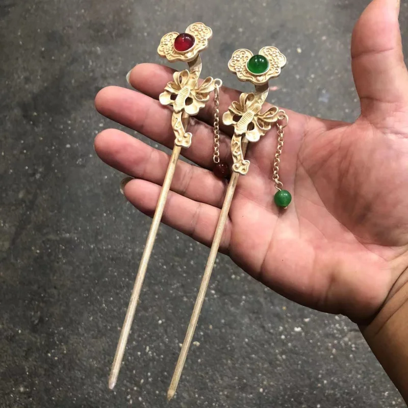 Miscellaneous White Copper Plated Inlaid Red Green Gemstone Miao Silver Hairpin Hair Accessories
