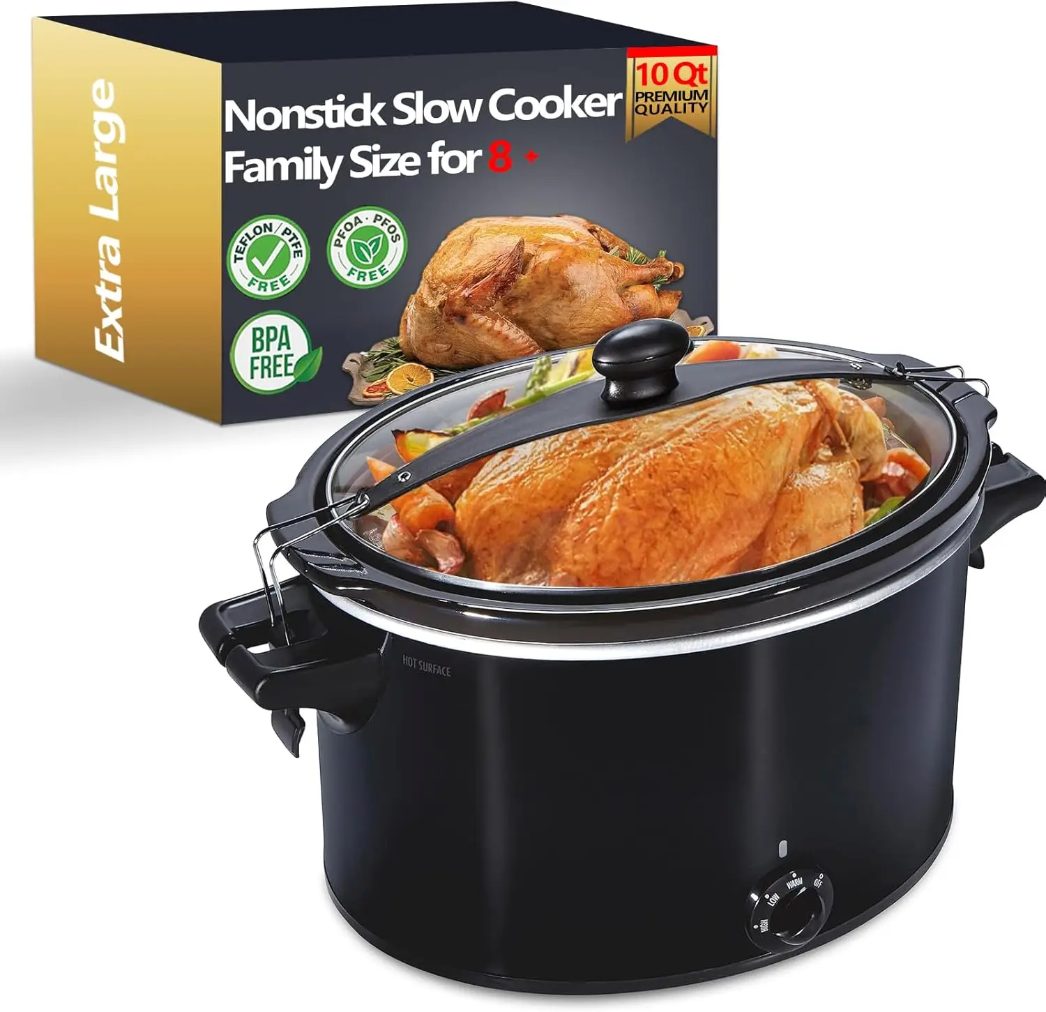 Extra Large 10-Quart - Cooking Slow Cookers Pot with Lid, for Family Size 8+ People for 12 Lb Roast, 10 LB Turkey, Entrees, Sauc