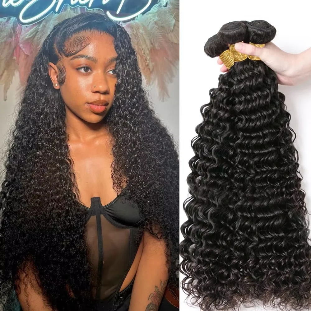 Ciuffi di capelli umani con onde naturali, ricci e a onde profonde, 3 o 4 ciuffi, capelli umani brasiliani di colore nero naturale, capelli Remy, capelli umani naturali.