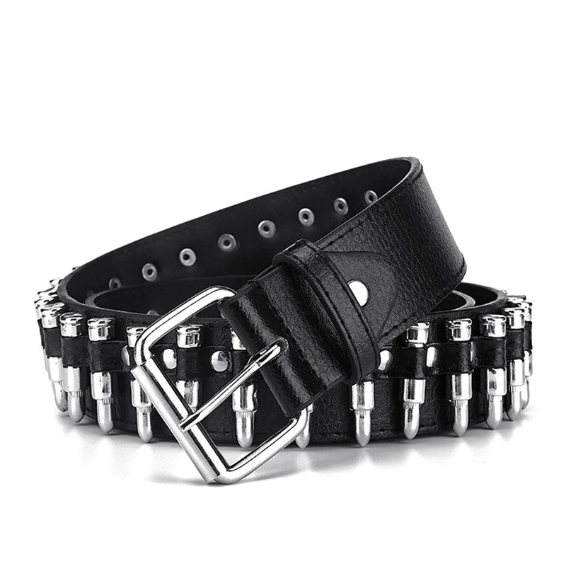 GAOKE-Cinturón decorativo de bala hueca para mujer, cinturón de cuero con tachuelas, regalo gótico Rock salvaje, ajustable, Punk, negro