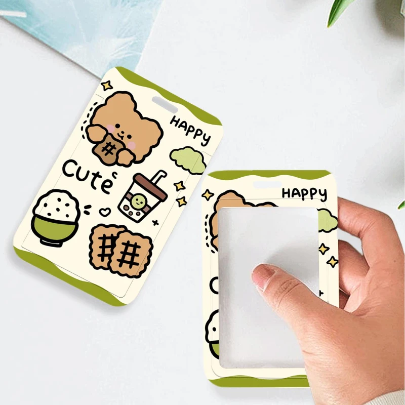Cute Happy Bear Credential Badge Holder Colorful Card Storage Photo Bag Student ID Card Holder Bus Card Protective Case Keychain