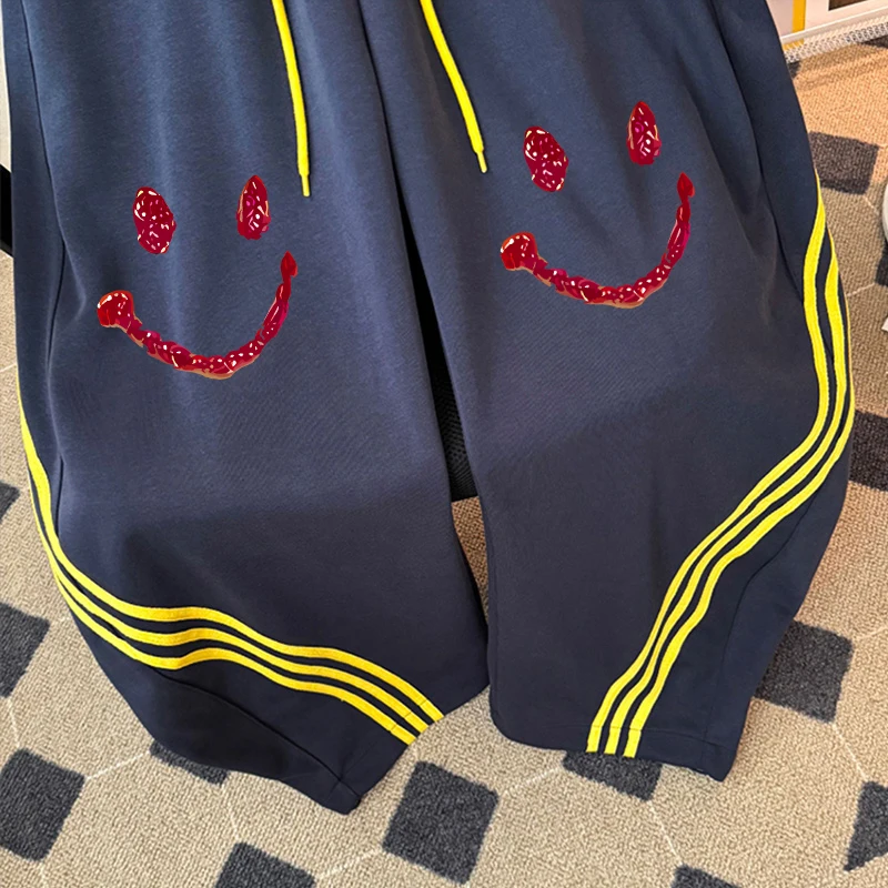 Trendy Retro High Street Farbe Blo T-shirt Streifen Lose Hohe Taille Casual Sport Hosen Frühling Herbst Einzigartige Abnehmen Lange Tro...