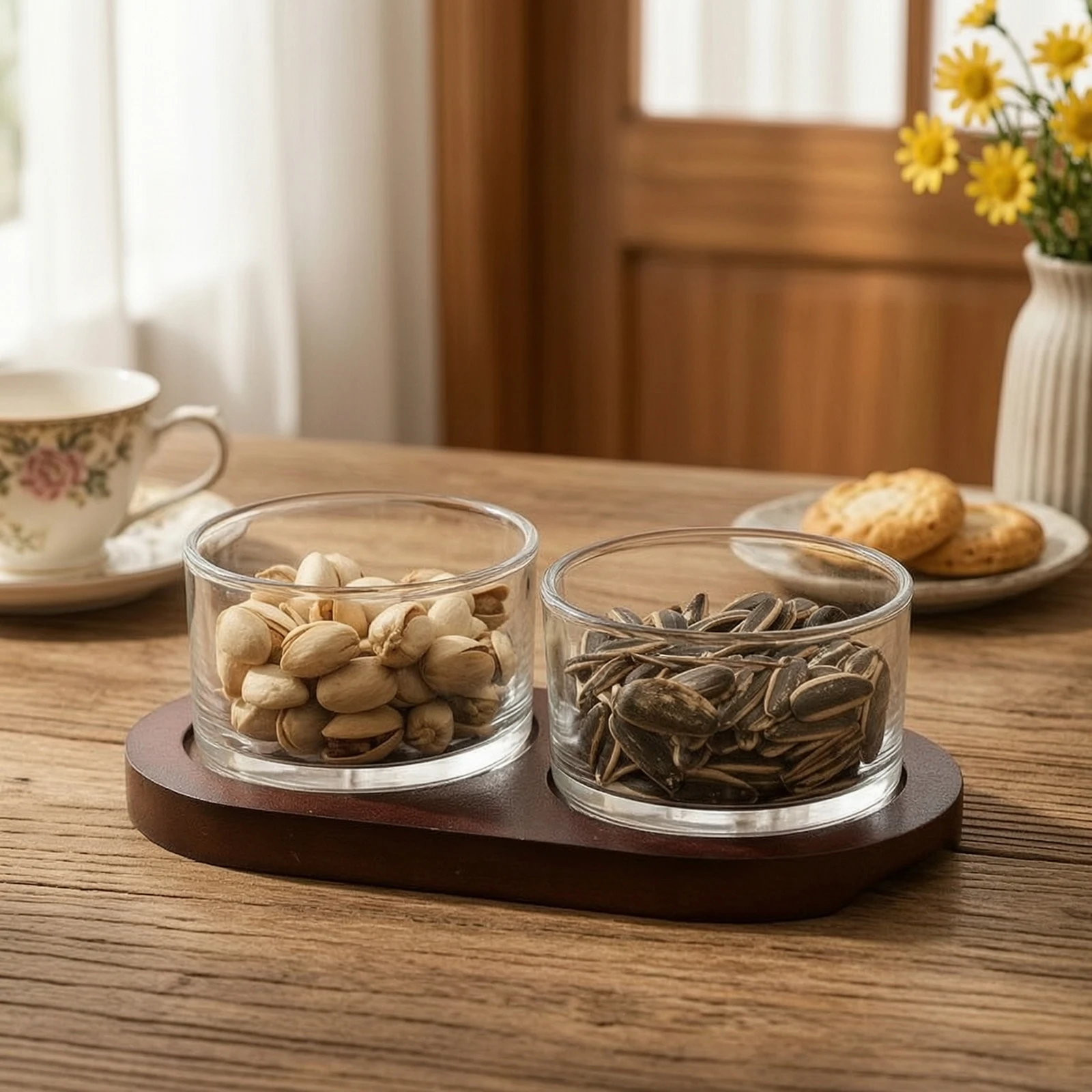 Snack Server with Glass Bowls Tabletop Serving Dish with Wooden Tray Food Platter Elegant Bowl Modern for Hosts, Coffee Table
