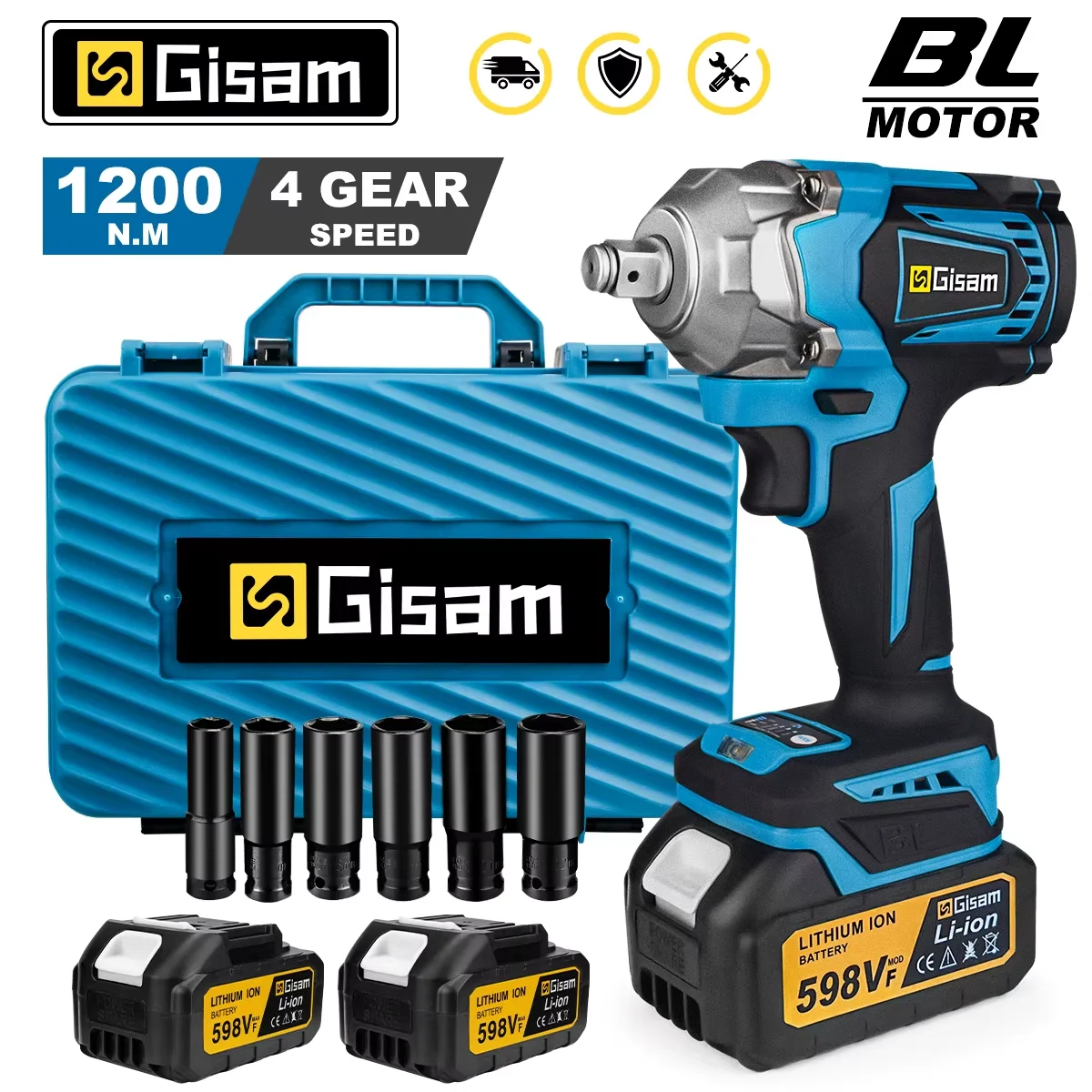 Gisam 1200N.M Torque Brushless Electric Impact Wrench 1/2 inch Cordless Wrench Screwdriver Power Tools For Makita 18V Battery