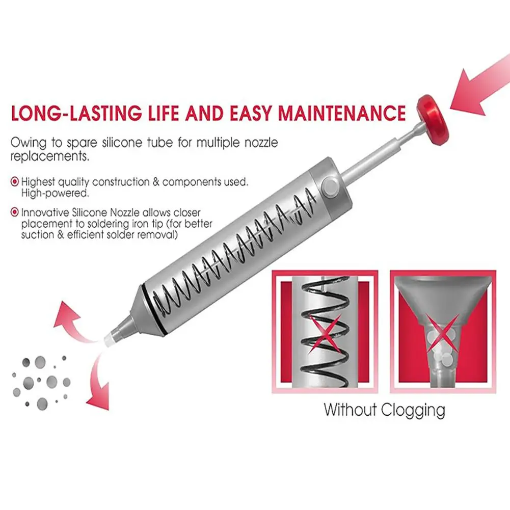 Solder Sucker No Clog Desoldering Pump For Solder Removing With Replaceable Heat Resistan Silicone Sucking Nozzle