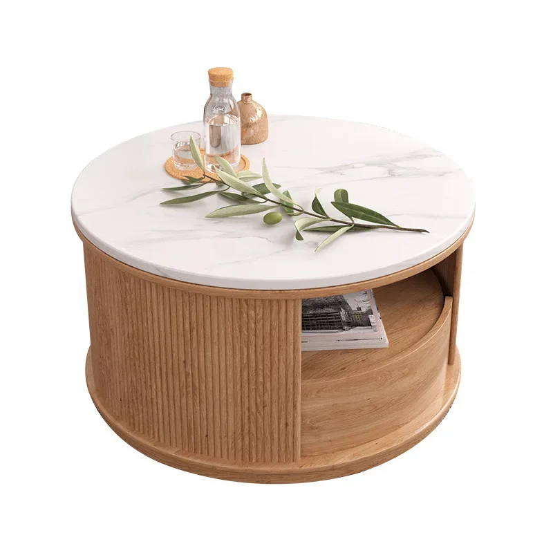 Solid wood rock slab coffee table Nordic round retractable small apartment storage