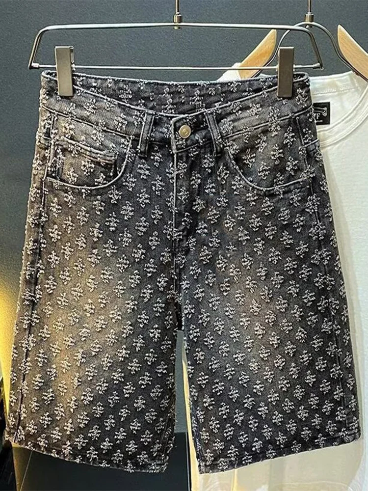 2025 Summer New American men's fashion ripped denim shorts, loose straight-leg casual mid-parted denim shorts