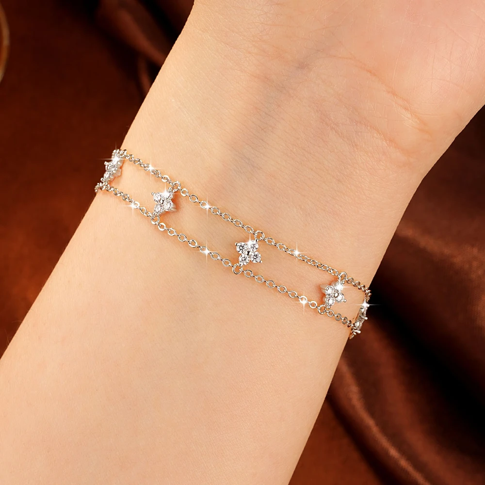 Lnkry 14K Gold Filled Armband mit vierblättriger Blume und Doppelkette für Damen, zertifiziertes 2mm rundes Moissanit-Armband, Handschmuck, Geschenk – Detail 12