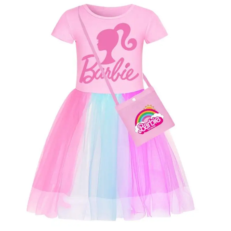 Anime Cartoon Barbie Girls Short Sleeve Lace Mesh Tutu Skirt Kawaii Kids Cute Princess Dress Summer Birthday Party Dress Gift