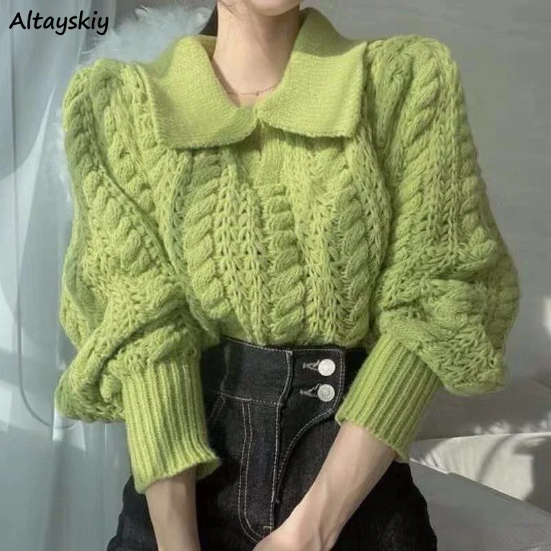 

Loose Sweaters Women Hollow Out Knitted Pullovers Sweet Turn-down Collar Chic Korean Style All-match Solid Simple Trendy Daily