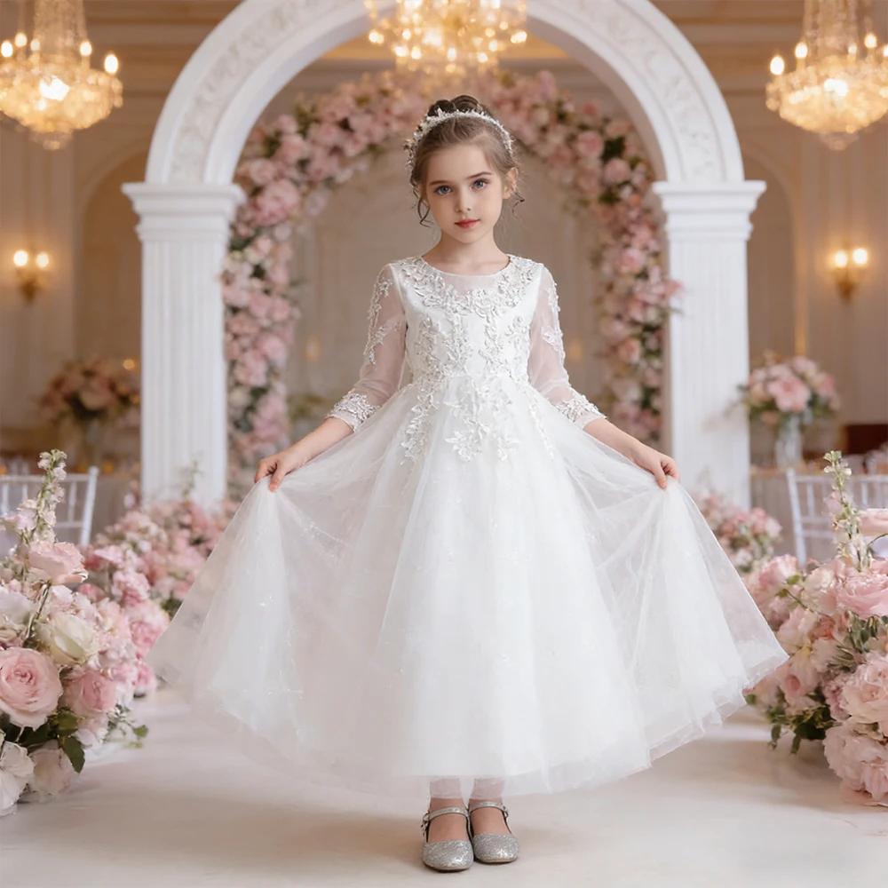 

Белое свадебное платье для девочек, вечернее платье из тюля с аппликациями для подружек невесты, детский костюм для крещения, платье принцессы на день рождения