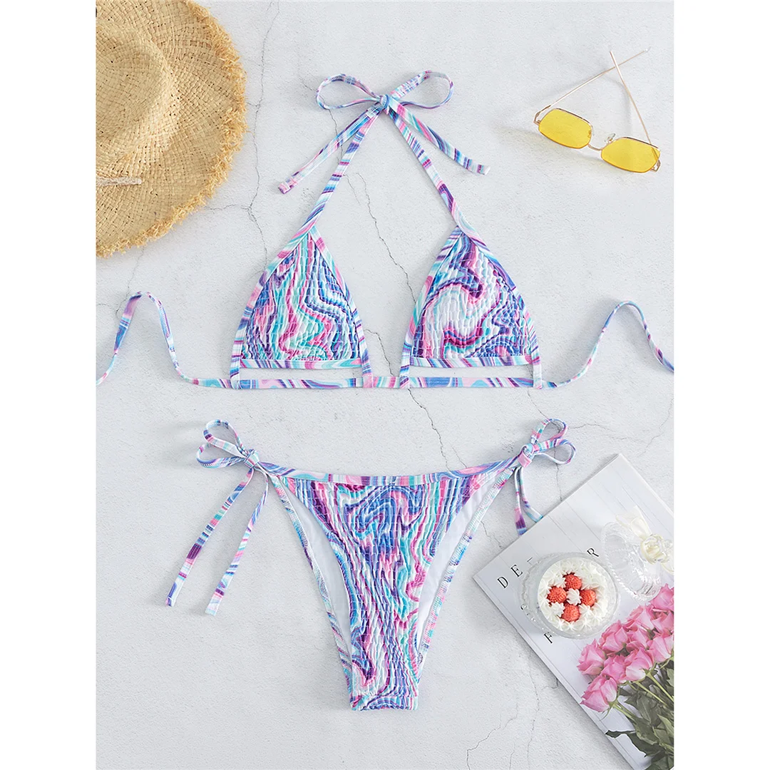 Bunter Neckholder-Bikini mit Trägern, Damen-Badeanzug, zweiteiliges Bikini-Set, Badeanzug mit hohem Beinausschnitt, Badebekleidung, Schwimmanzug V6005 – Detail 9