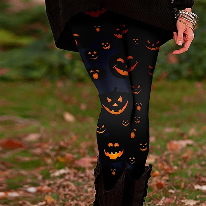 سراويل يوجا نسائية، سراويل يوجا مريحة، سراويل أساسية غير رسمية كاملة الطول عالية الخصر على الطراز العرقي، نمط اليقطين للهالوين