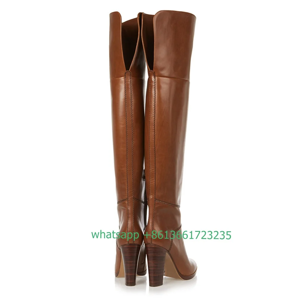 Brown PU Shine Over The Knee Boots Wood Grain Chunky Heel Splicing Long Boots Women Winter New Fashion Catwalk Shoes Boots