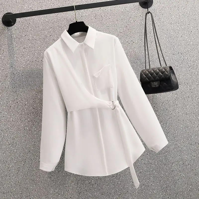 Camisa asimétrica con cordones para mujer, blusa elegante de manga larga, color liso, moda coreana, primavera y otoño