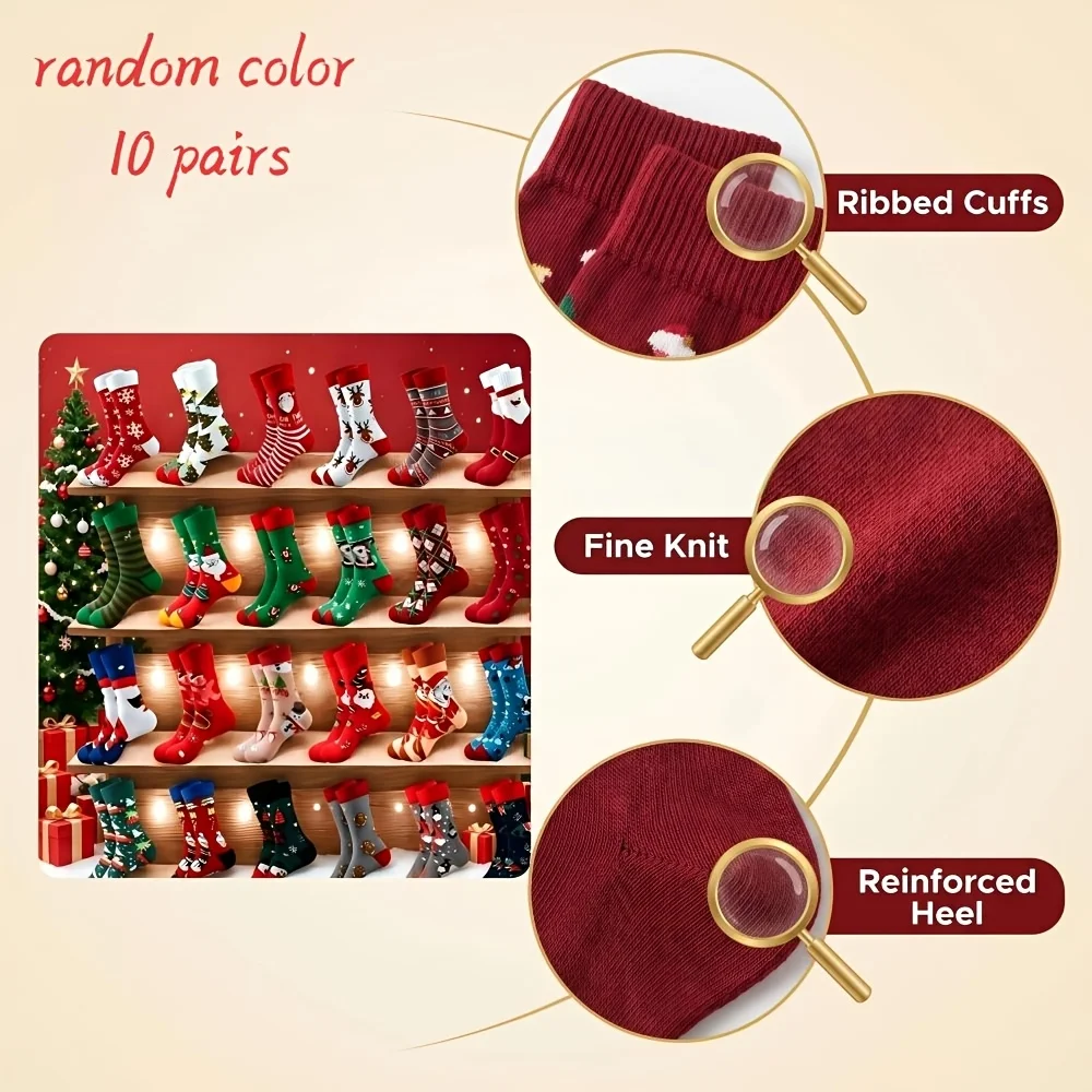 10 Pairs Random Pattern New Winter Christmas Long Socks, Santa & Gingerbread Design, Unisex Warm Cute Socks,Christmas Gifts