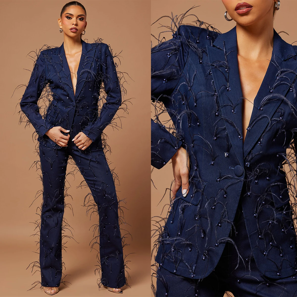 One Button Blazer Suits For Women Vintage Feather Jacket Wide Legs Pants Set Fashion Party Custom Made Suits