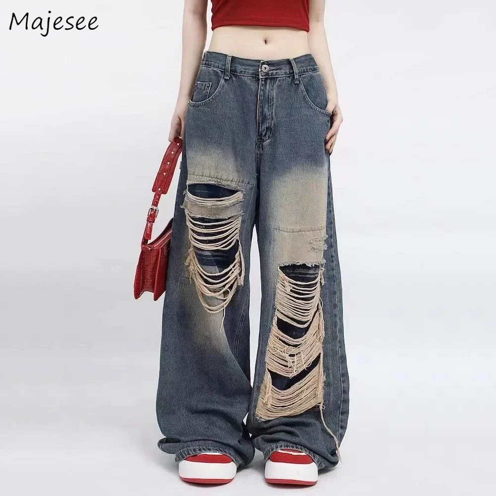 Jeans da donna con foro vintage streetwear vita alta stile coreano hip-hop elegante pantaloni a gamba larga femminile quotidiano adolescenti tutto-fiammifero alla moda