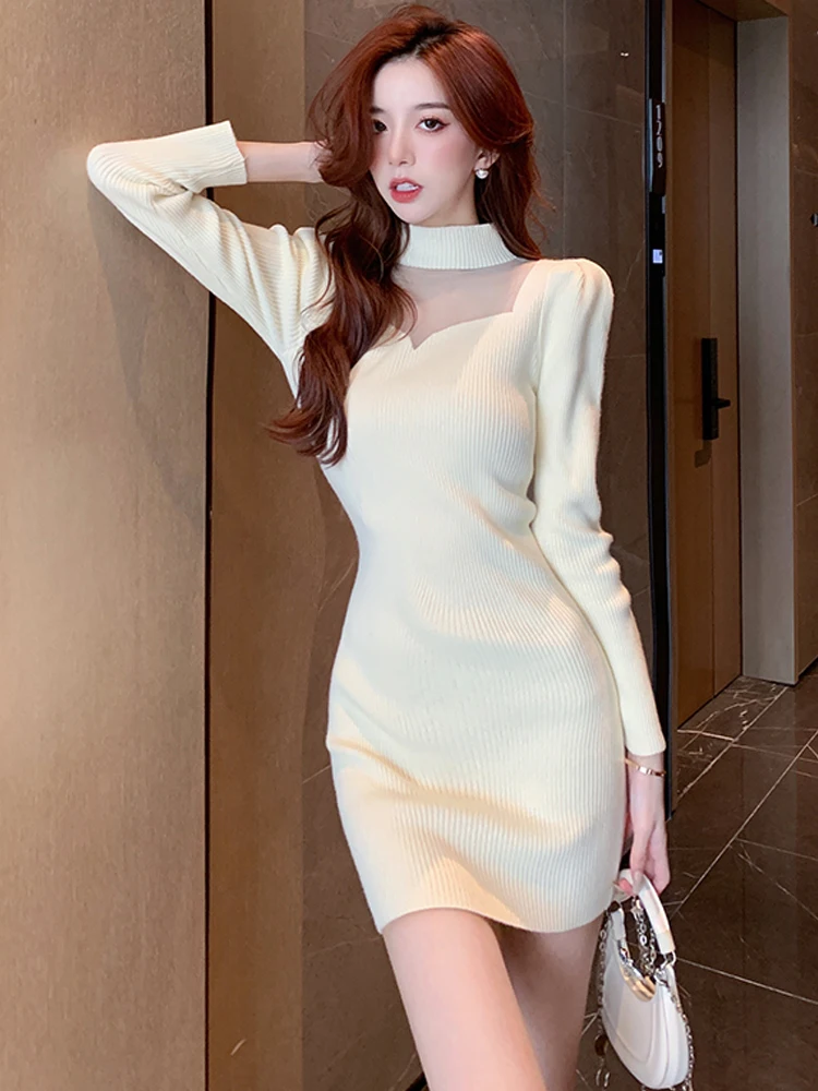 

French Gauze Splicing Knitting Dress Show Thin Interior Bottoming Dresses Women Autumn Winter Mini Dress Sexy Sweater Skirt