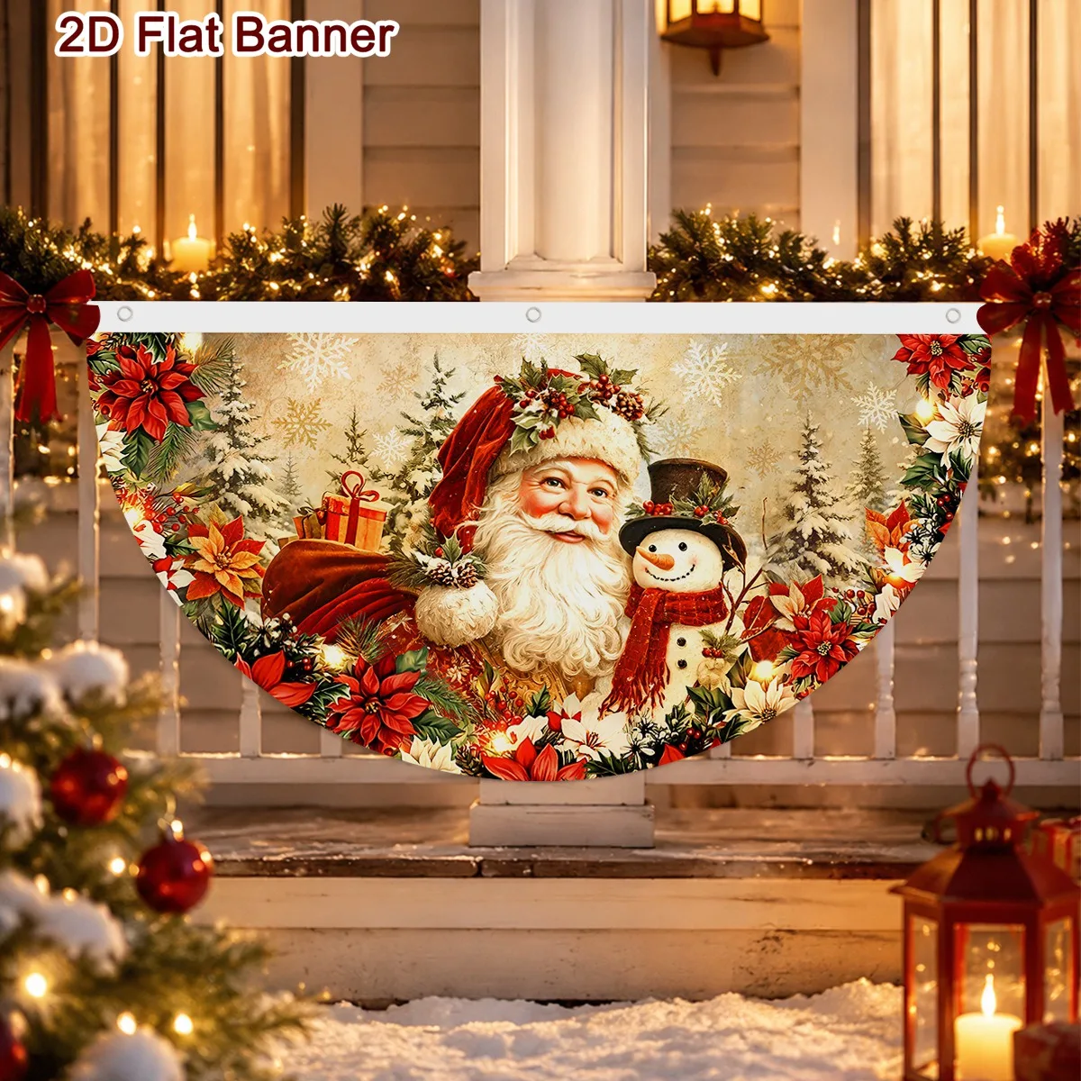 Christmas Fan-Shaped Flag Vintage Santa Snowman Designs Outdoor Banner 90*48cm Polyester Fan Flag Festive Christmas Decorations