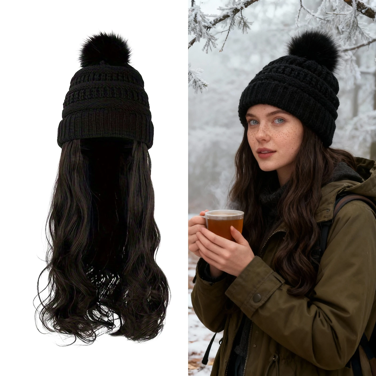 Acrylic Beanie Wig for Winter Warmth Women Long Curly Synthetic Hair Integrated Hat Cap Cozy Thermal Headwear Durable