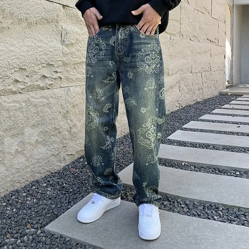 

American Vibe Cross Print Loose Straight Leg Jeans Men's Women's Wide Leg Pants Youthful Modern Wear Resistant Cotton Blend